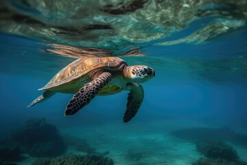 Obraz na płótnie Canvas Green Sea Turtle Cruising in warm water, generative AI