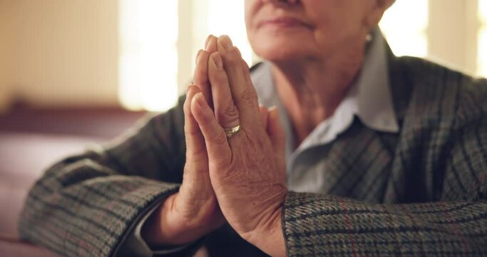 Prayer hands, church and senior woman worship, praise and spiritual gratitude. Hope, religion and christian person with faith for praying to God, Jesus and Holy Spirit for help, support and peace