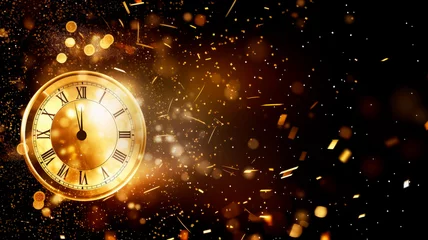 Fotobehang Happy New Year countdown. Clock and fireworks, lights and bokeh effect. Golden clock on dark festive background with copy space. © ita_tinta_