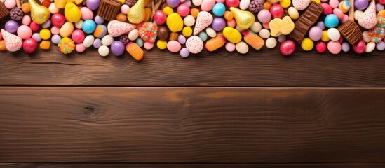 An Easter candy double border is seen from an overhead perspective on a wooden banner background. It features chocolate bunnies, candy eggs, and a variety of sweets. copy space available.