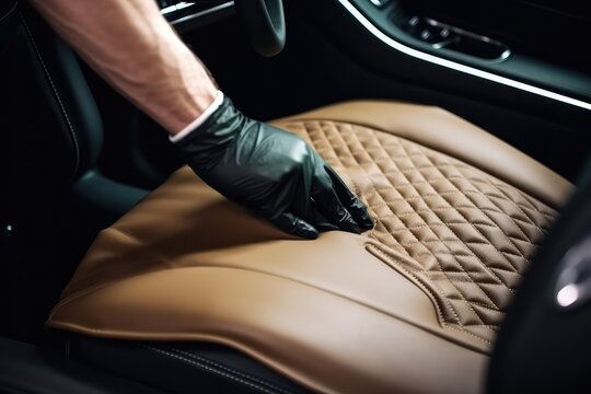 Hand cleaning car seat. Car detailing worker cleaning car, AI