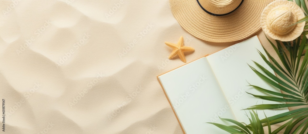 Poster flat lay with copy space featuring a blank writing book with summer beach accessories in the backgro