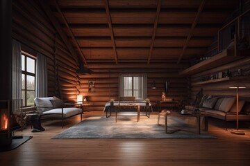 Home mockup cozy log cabin interior background, AI generated