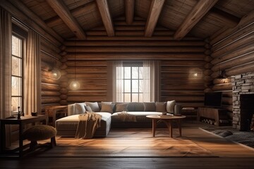 Fototapeta na wymiar Home mockup cozy log cabin interior background