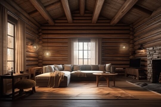 Home mockup cozy log cabin interior background
