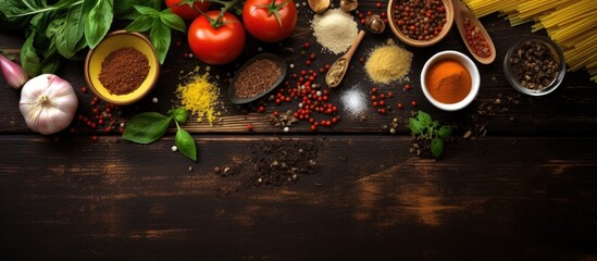 The ingredients commonly used in Italian food cooking are pasta, vegetables, and spices. top view of these ingredients with some empty space for text.