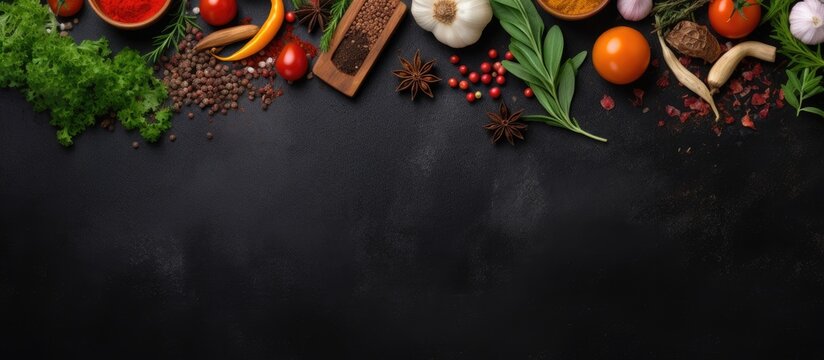 food cooking background, with a cutting board, spices, herbs, and vegetables placed on a black slate table. The view is from the top, and space available for adding text.
