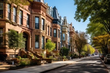 An aged city district characterized by residences built in the distinctive brownstone architectural style.