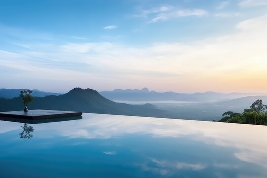 Infinity pool. Pool Terrace and Mountain View, AI generated