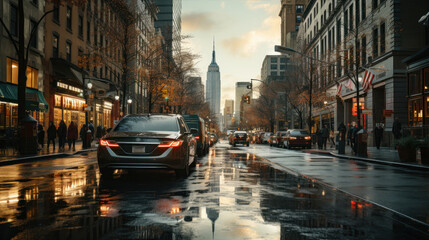 usa street, light rain, vehicles