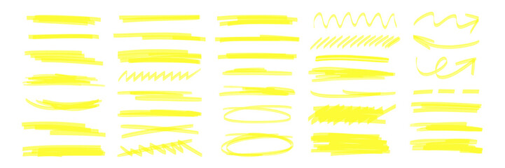 Yellow marker brush lines. Highlighter underline scribbles. Paint pen handdrawn strokes. Vector illustration of grunge freehand watercolor ink pencil marks - obrazy, fototapety, plakaty