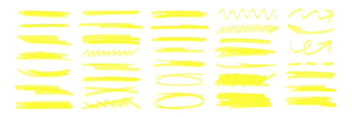  Yellow marker brush lines. Highlighter underline scribbles. Paint pen handdrawn strokes. Vector illustration of grunge freehand watercolor ink pencil marks © svetolk