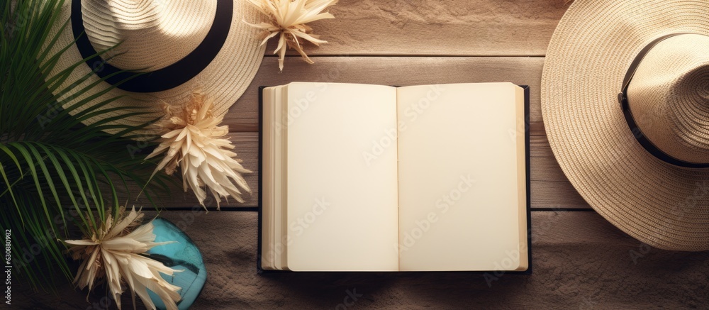 Poster a writing book with beach accessories on a background, with space for writing and a flat lay setup.