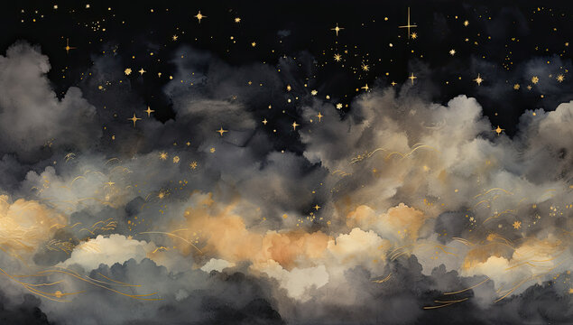 Golden and black night sky painting with the moon, stars and clouds in different shades.