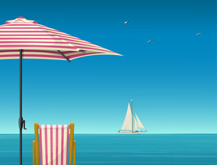 Tropical beach background with chair under a umbrella and sailing yacht in the background, seagulls flying in the clear blue sky, vector illustration.