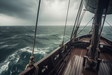 Stormy sea, stormy weather, waves crashing on the deck of a sailing ship. - obrazy, fototapety, plakaty