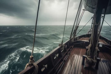 Tuinposter Stormy sea, stormy weather, waves crashing on the deck of a sailing ship. © Design Ful