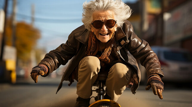 Cool old lady goes on a skateboard. Generative AI