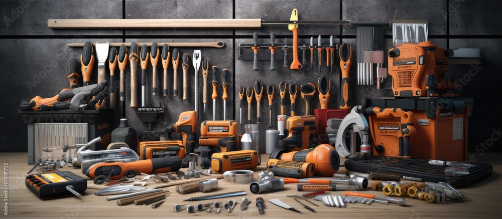 Poster Maintenance and repairing concept with a collection of various tools and available space for duplication.