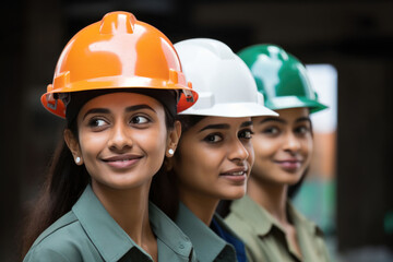 Three Indian women engineers wear hard hats having tricolour from Indian flag