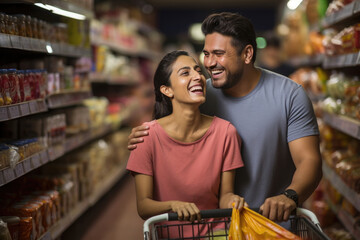 Indian young couple shopping together with trolly at grocery shop or supermarket
