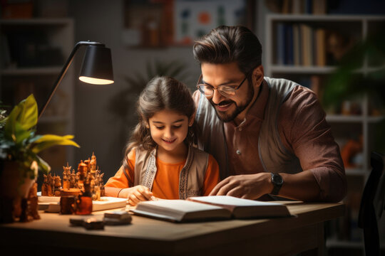 Young indian father helping school child daughter studying at home