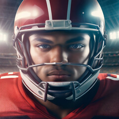 American Football Championship Game: Close-up Portrait of Professional Player Wearing Helmet. Professional Athlete Full of Power, Skill, Determination to Win. Low Angle Shot