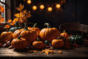 Obraz premium pumpkins and maple leaves background