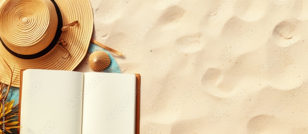 Poster a writing book with summer beach accessories is seen in the background, with copy space available. i