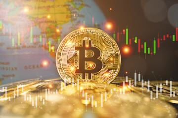 Bitcoin gold on candlestick chart background and globe, virtual currency concept.