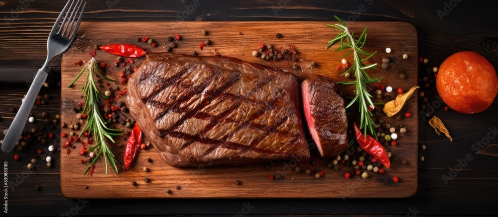 Poster A top-down view of grilled beef steak with spices on a cutting board, with space for adding text.