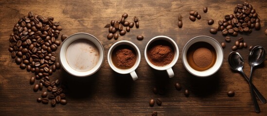 Fresh espresso cups, a metal Turkish pot, roasted Arabica beans in clay bowls, ground coffee powder, and a spoon rest on a wooden table, as viewed from above. room for text. represents a coffee shop