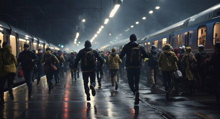 people running in a subway station - obrazy, fototapety, plakaty