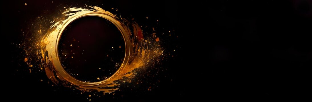 Golden Circle On Black Background, Gold Brush Strokes, Luxury And Elegant Circle For Business, Celebration, Creativity. Card.