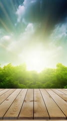Wooden table with plants - blurred sunny forest nature background - can be used to display products