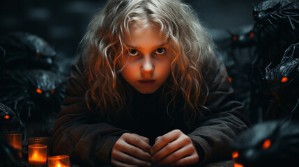 Young girl casting spells with her friends: red eye spiders.