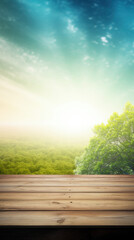Wooden table in park - blurred sunny park nature background - can be used to display products