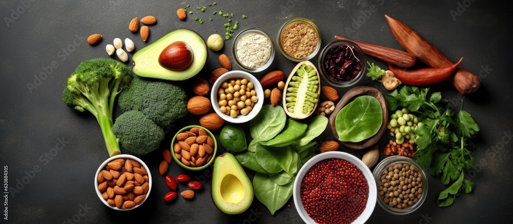 Aufkleber healthy vegan food displayed on a gray background with enough space for additional content. the sele