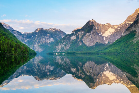 Sunrise on mountain lake Koenigssee Berchtesgaden National Park Bavaria Germany