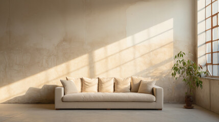 simple couch on a beige wall with copy space