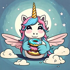 Fototapeta premium a cartoon of a chubby unicorn eating a donut