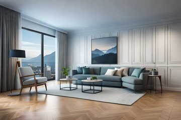 Naklejka na ściany i meble modern living room with furniture generated by AI technology 