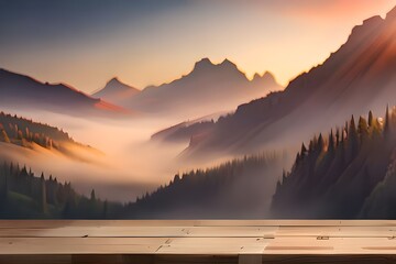 Wooden Table in Front of a Mountain Range