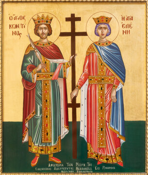 NAPLES, ITALY - APRIL 24, 2023: The orthodox icon of  St. Constantine and St. Helen in the church Chiesa di San Pietro Martire by unknown artist.
