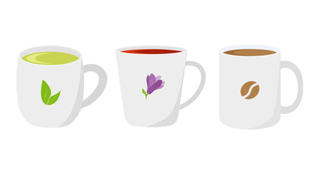 Three mugs of black tea, green tea, and coffee. Isolated on white background. Vector illustration. Flat style.	
