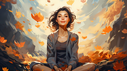 Young woman meditating in autumn 