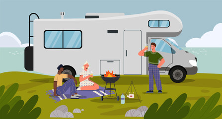 People near camping car concept. Man and woman with hot drinks and barbecue near transport. Mobile home, travel, trip and tourism. Active lifestyle and hiking. Cartoon flat vector illustration