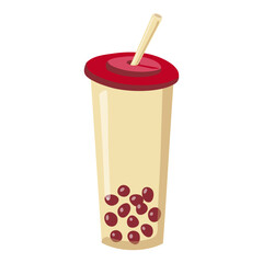 Glass with bubble tea or coffee. Cold drink with balls. Drink to go. Drawn disposable glass and straw. Flat style. Isolated item. Vector illustration.