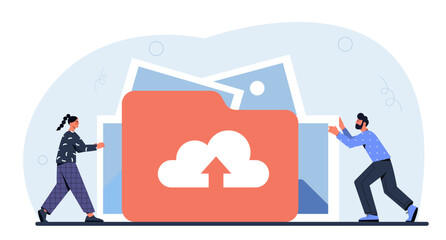 People with cloud storage concept. Online electronic storage and archive. Man and woman near folder with photos and files. Internet data exchange. Cartoon flat vector illustration