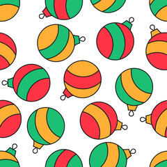 Pattern of Christmas balls. Christmas decorations in stripes. Festive seamless print on a white background. Spheres. Bright colors. Vector illustration.